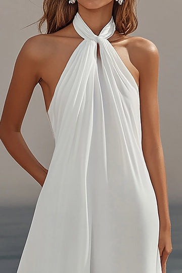 White Chiffon Sheath Halter Long Boho Formal Dress